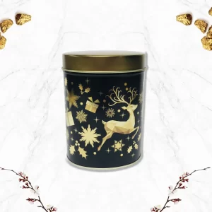 Корпоративен коледен подарък Black & Gold – метална кутия с бисквити в тишу